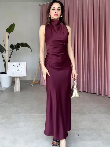 Elegant Satin Maxi Dress Sleeveless High Neck Cowl Neck Bodycon Slim Fit Solid Color For Women Evening Party Banquet