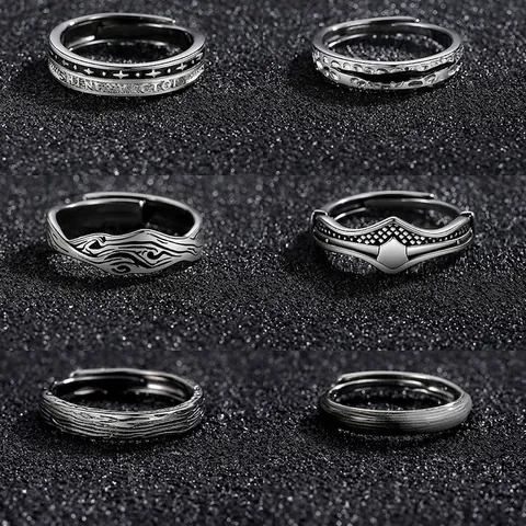 Vintage Mens Open Adjustable Ring Copper Hip Hop Punk Textured Star Shield Pattern Retro Jewelry Accessory