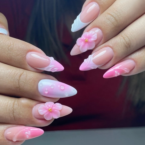 Uñas De Presión Con Flores Rosas 3D Acentos De Perlas Artificiales Degradado Punta Francesa Forma De Almendra Largas Uñas Postizas