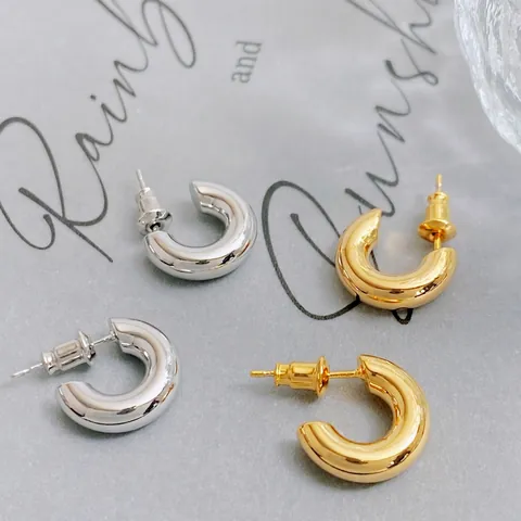 Boucles D'oreilles Créoles En C Pour Femmes Avec Tige En Argent Sterling 925 Laiton Métal Style Épais