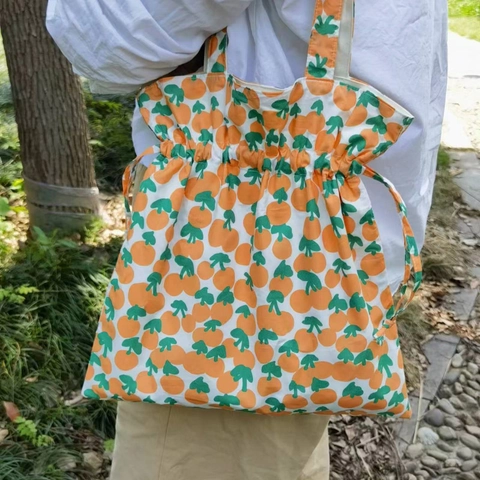 Bolso De Hombro De Lona Con Cordón Algodón Gran Capacidad Estampado Frutas Bolsa De Compras Para Mujer Ligero Portátil