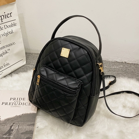 Women Mini Backpack PU Leather Quilted Rhombus Pattern Gold Hardware Adjustable Straps Elegant Casual Small Daypack