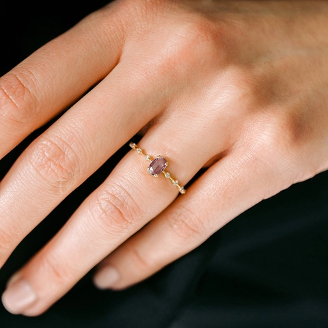 Oval Purple Cubic Zirconia Ring Women 18K Gold Plated Copper Geometric Light Luxury Japanese Style Finger Jewelry White Zircon