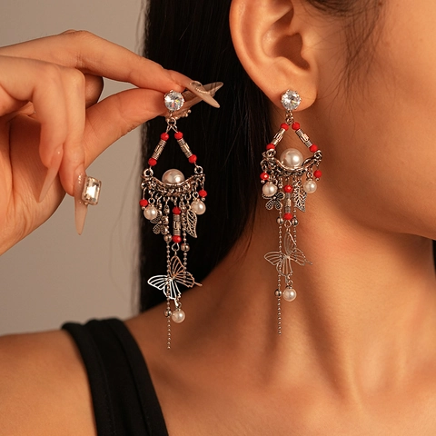 Vintage Bohemian Long Tassel Earrings Alloy Flower Butterfly Design With Imitation Artificial Pearls And Silver Earring Post For Women