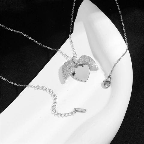 Collar de Colgante de Corazón Mariposa Alas de Ángel de Acero Inoxidable Cobre Strass para Mujer Cadena Ajustable Joyería