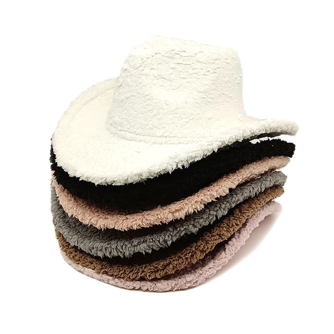 Western Cowboy Hat Plush Fuzzy Sherpa Wide Brim Winter Warm Jazz Fedora Vintage Solid Color Women Men