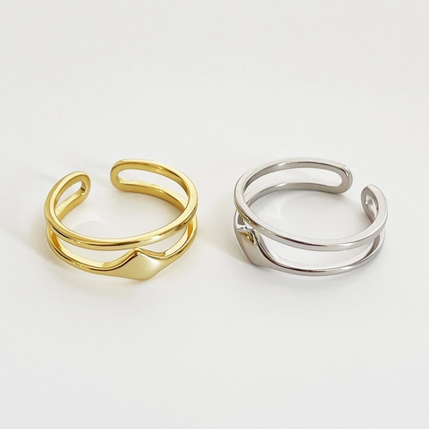 925 Sterling Silver Ring For Women Double Layer Geometric Asymmetric Minimalist Style Fashion Jewelry Adjustable Open Design