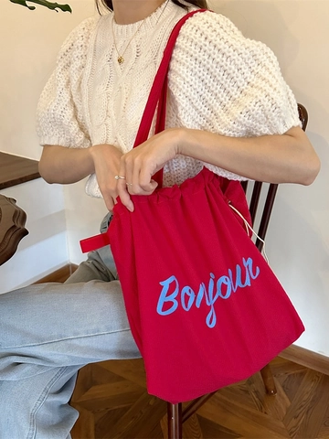 Borsa Tote Trama Nido D'Ape Donna Grande Capacità Coulisse Borsa A Spalla Bonjour Stampa Casual Leggera Borsa Da Viaggio