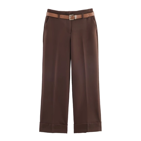 High Waisted Wide Leg Hose Damen Einfarbig Mit Gürtel Aufschlag Saum Chic Büro Casual Gerade Synthetikfaser