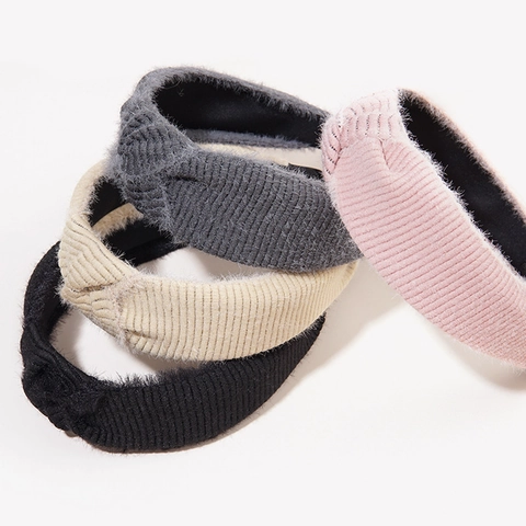 Diadema De Punto Ancha Mohair Felpa Tela Nudo Retorcido Nervado Aro Para El Pelo Invierno Cálido Accesorios Para Mujer