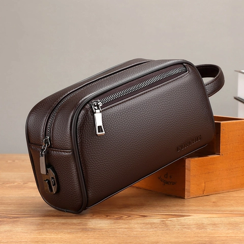 Men's Leather Business Clutch Bag With Combination Lock Litchi Pattern Handbag For Business Leisure
