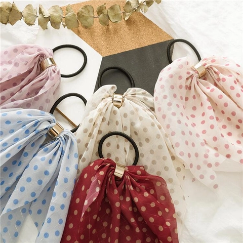 Polka Dot Bow Hair Ties Chiffon Long Streamer Scrunchies With Metal Ring Sweet Elegant Headwear For Women Girls