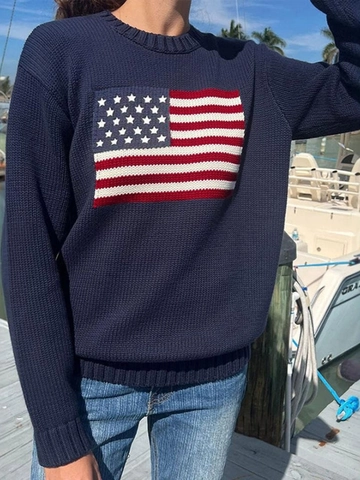 Damen Pullover Strickpullover Baumwolle Polyester Flaggenmuster Rundhalsausschnitt Langarm Locker Casual Herbst Winter