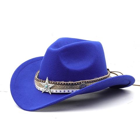 Western Cowboy Hat Polyester Felt Wide Curved Brim Bohemian Vintage Ethnic Metal Star Turquoise Rivet Decor For Men Women