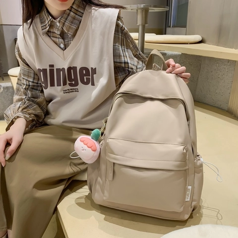Nylon School Backpack Waterproof Large Capacity Simple Trendy Solid Color For Girls Teens Students With Plush Pendant