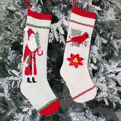 Calze Di Natale In Maglia Sacchetti Regalo Appesi Porta Caramelle Decorazioni Albero Babbo Natale Uccello Design Floreale