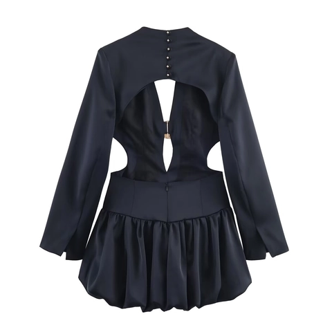 Elegant Black Satin Mini Dress With Long Sleeves Blazer Collar Deep V Neck Cut Out Backless Balloon Hem For Women