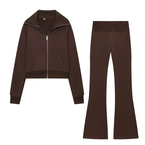 Women Lapel Long Sleeve Zipper Fleece Sweatshirt High Waist Flare Pants Casual Two Piece Set Solid Color Loungewear Tracksuit