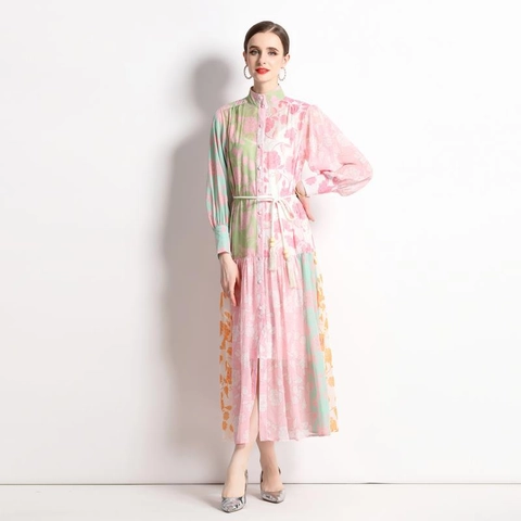 Retro Etnische Maxi Jurk Bloemenprint Chiffon Opstaande Kraag Lantaarnmouwen Patchwork Kwastjesriem Elegant Zomer Lange Jurk