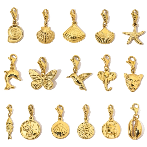 Gold Plated Stainless Steel DIY Charms Pendants With Lobster Clasp Butterfly Elephant Starfish Animal Theme For Women