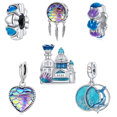 Ocean Mermaid Theme 925 Sterling Silver Charms Beads Dolphin Castle Shell Enamel Opal Dreamcatcher DIY Jewelry Accessory