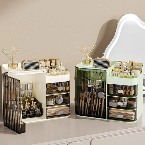 Scatola Portatrucchi Da Scrivania Organizzatore Trucco In Plastica Tipo Cassetto Supporto Per Gioielli Pennelli Antipolvere Specchio