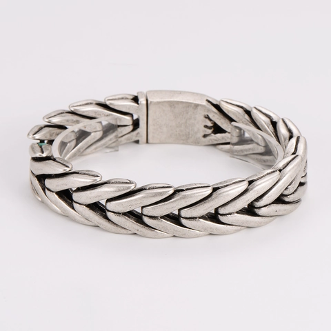Vintage Herren Kette Armband Antik Silber 304 Edelstahl Schwer Geometrisch Geflochten Weizenmuster Kastenverschluss Punk