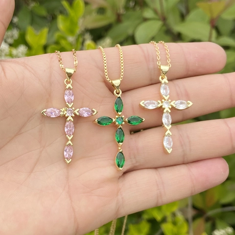 Collana Con Pendente A Croce Zircone Taglio Marquise Rame Acciaio Inossidabile Placcato Oro Gioielli Hip Hop