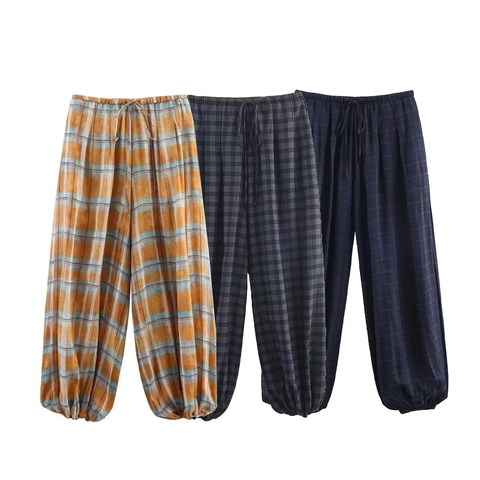 Pantalones Linterna De Cuadros Mujer Cintura Alta Poliéster Cintura Elástica Cordón Pantalones Casuales