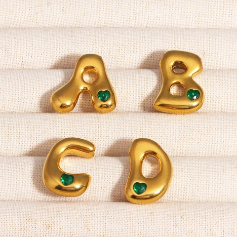 Pendente Lettera Iniziale Bolla In Acciaio Inossidabile Placcato Oro Ciondolo Con Gemma Cuore Verde Per Gioielli DIY