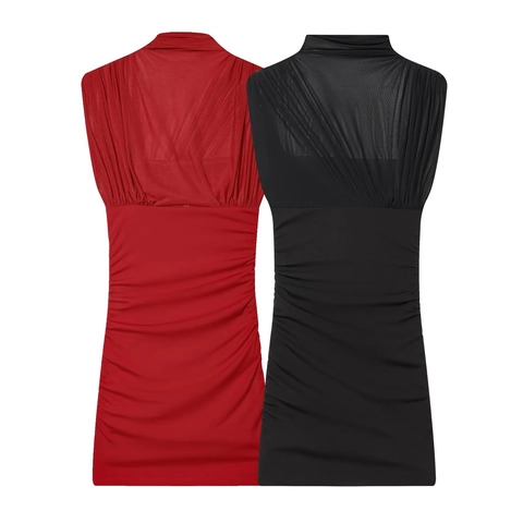 Ruched Bodycon Mini Dress For Women Sleeveless Mesh Patchwork High Neck Elegant Evening Party Fashion Elegant Solid