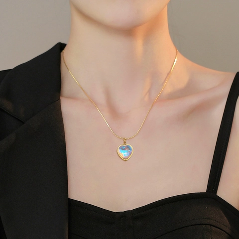 Hart Hanger Ketting Titanium Staal Goud Verguld Kleurrijk Iriserend Minimalistisch Sleutelbeen Ketting Voor Dames