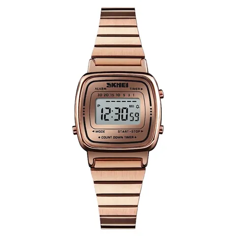 SKMEI Women Digital Watch Retro Square Stainless Steel Band Zinc Alloy Case Waterproof Alarm Timer Fashion Ladies Wristwatch