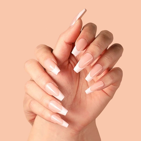 Glänzende French Tip Press On Nägel Lange Sargform Ballerina Künstliche Nägel Nude Rosa Und Weiß Maniküre Dekoration