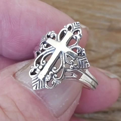 Vintage Gothic Inverted Cross Ring Women Antique Silver Plated Copper Hollow Floral Filigree Punk Statement Jewelry