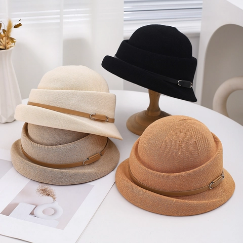 Elegant French Hepburn Style Bucket Hat Polyester Woven Cloche Hat With Leather Belt Buckle Adjustable Simple Sun Hat