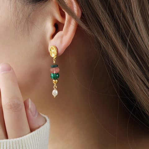Barok Retro Natuursteen Zoetwaterparel Oorbellen Titaniumstaal Onregelmatig Geometrisch Boheems Kwastje Oorknopjes Sieraden