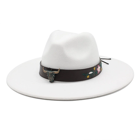 Wide Brim Fedora Hat Wool Felt Western Cowboy Style With Metal Steer Skull And Flower Embroidery Ethnic Style