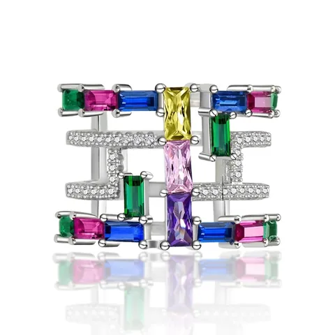 Luxury 925 Sterling Silver Colorful Zirconia Ring For Women Multi-layer Geometric Wide Band Hollow Inlaid Finger Ring Jewelry