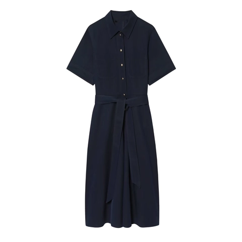 Women's Navy Blue Short Sleeve Shirt Dress Gold Buttons Tie Waist Elegant Midi A-Line Work Office Dress For Women