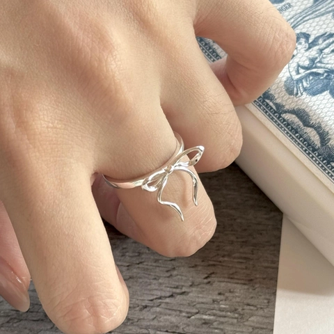 Bow Knot Adjustable Open Ring 925 Sterling Silver Minimalist Elegant Dainty Fashion Jewelry For Women