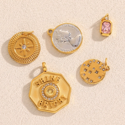 Stainless Steel 18K Gold Plated Pendants Pink Zircon Queen Coin Star Octagon DIY Jewelry Making Accessories For Women