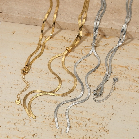 Minimalist Adjustable Stainless Steel Herringbone Snake Chain Necklace Sliding Bead Y-Shape Tassel Jewelry For Women