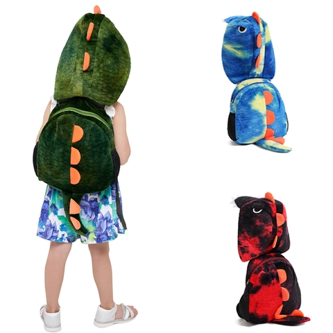 Dinosaur Plush Backpack Hooded Schoolbag Cartoon Animal Travel Rucksack For Toddler Boys Girls Cute Adjustable Straps