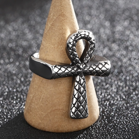 Set Gioielli Croce Ankh Egiziana Per Uomo Acciaio Inossidabile Punk Retro Motivo Serpente Collana Pendente E Anello