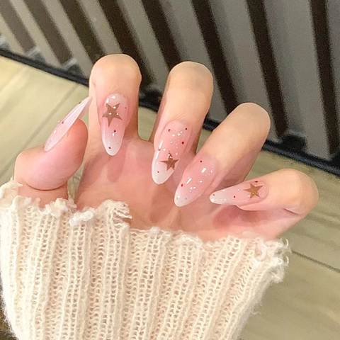 Almond Press On Nails Nude Pink Fake Nails With Star And Dot Patterns Sweet Cute Artificial Nails For Women Fashion