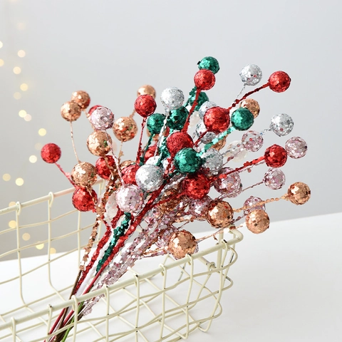 Christmas Glitter Berry Stems Simulation Cluster Branches Artificial Picks For Tree Ornaments DIY Festival Home Party Decor