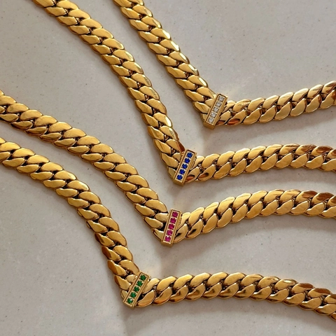 Vintage Cuban Link Necklace 18K Gold Plated Stainless Steel With Micro Inlaid Colorful Zircon For Women Jewelry
