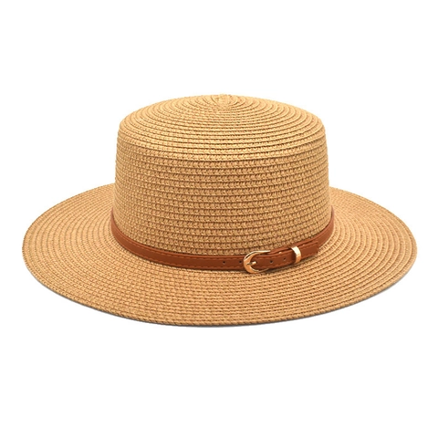 Women Boater Hat Straw Flat Top Sun Protection Beach Summer Wide Brim Belt Buckle Retro Style