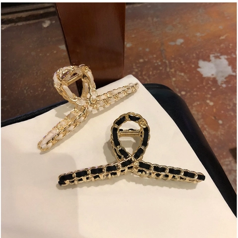 Elegant Hair Claw Clip For Women Gold Alloy Metal Chain With Interwoven Ribbon Korean Style Vintage Large Shark Clip